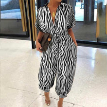 Load image into Gallery viewer, 2020 Sexy V-Neck Button Lace-Up Jumpsuit Summer Short Sleeve Loose Playsuit Overalls Women Elegant Leopard Print Pocket Rompers