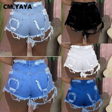 CM.YAYA 2021 Women Summer Shorts Jeans Casual Zipper Fly Pockets Jeans High Street Wear Denim Shorts Fashion Holes Pants