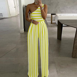 Elegant Office Lady Wide Leg Jumpsuit Sexy Off Shoulder Women Rompers Bodysuit Summer Fashion Striped Printed Overalls Playsuits
