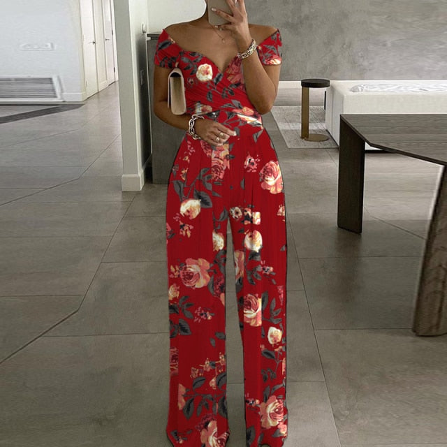 Elegant Office Lady Wide Leg Jumpsuit Sexy Off Shoulder Women Rompers Bodysuit Summer Fashion Striped Printed Overalls Playsuits