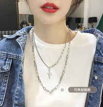 Load image into Gallery viewer, 2021 Personality Hip Hop Multilayer Necklace Metal Cross Pendant Silver Color Chain Necklace for Women Men Unisex Jewelry