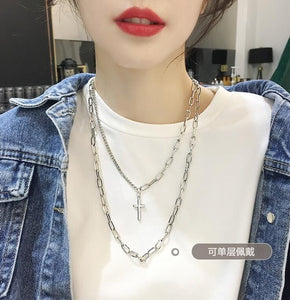 2021 Personality Hip Hop Multilayer Necklace Metal Cross Pendant Silver Color Chain Necklace for Women Men Unisex Jewelry