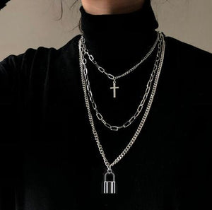 2021 Personality Hip Hop Multilayer Necklace Metal Cross Pendant Silver Color Chain Necklace for Women Men Unisex Jewelry