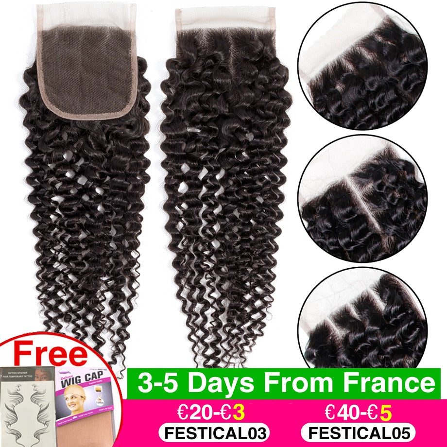 Bling Hair 4*4 Lace Closure Kinky Curly Hair Closure With Baby Hair Middle Free Three Part Brazilian Remy Human Hair 8-22 Inch