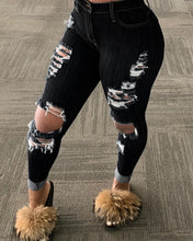 Load image into Gallery viewer, Women’s Korean Slim Fit Jeans Fashion Solid Color Ripped Hole Tassel Stretch Mid-waist Denim Pencil Long Pants Trousers