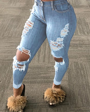 Load image into Gallery viewer, Women’s Korean Slim Fit Jeans Fashion Solid Color Ripped Hole Tassel Stretch Mid-waist Denim Pencil Long Pants Trousers