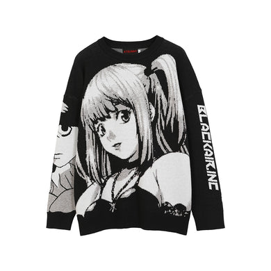 ATSUNNY 2021 Hip Hop Streetwear Vintage Style Harajuku Knitting Sweater Anime Girl Knitted Death Note Sweater Pullover