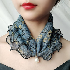 2021 New Pearl Pendant Scarf Necklace Vintage Leopard Pattern Dot Printing Scarf Trendy Crimping Elastic Women All-Match Scarves