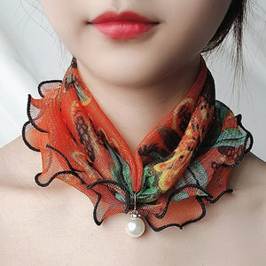 2021 New Pearl Pendant Scarf Necklace Vintage Leopard Pattern Dot Printing Scarf Trendy Crimping Elastic Women All-Match Scarves