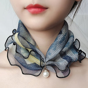 2021 New Pearl Pendant Scarf Necklace Vintage Leopard Pattern Dot Printing Scarf Trendy Crimping Elastic Women All-Match Scarves
