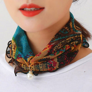 2021 New Pearl Pendant Scarf Necklace Vintage Leopard Pattern Dot Printing Scarf Trendy Crimping Elastic Women All-Match Scarves