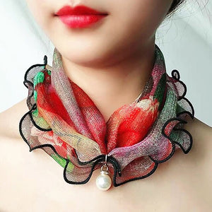 2021 New Pearl Pendant Scarf Necklace Vintage Leopard Pattern Dot Printing Scarf Trendy Crimping Elastic Women All-Match Scarves
