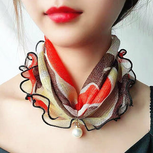 2021 New Pearl Pendant Scarf Necklace Vintage Leopard Pattern Dot Printing Scarf Trendy Crimping Elastic Women All-Match Scarves