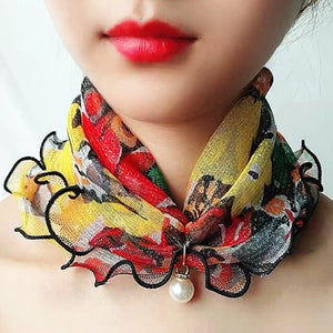 2021 New Pearl Pendant Scarf Necklace Vintage Leopard Pattern Dot Printing Scarf Trendy Crimping Elastic Women All-Match Scarves