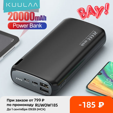 KUULAA Power Bank 20000mAh Portable Charging Poverbank Mobile Phone External Battery Charger Powerbank 20000 mAh for Xiaomi Mi