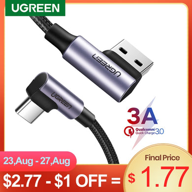 Ugreen USB Type C Cable 3A Fast Charger USB C Cable For Xiaomi Poco x3 Samsung Galaxy S20 S10 90 Degree Mobile Phone USB Cord