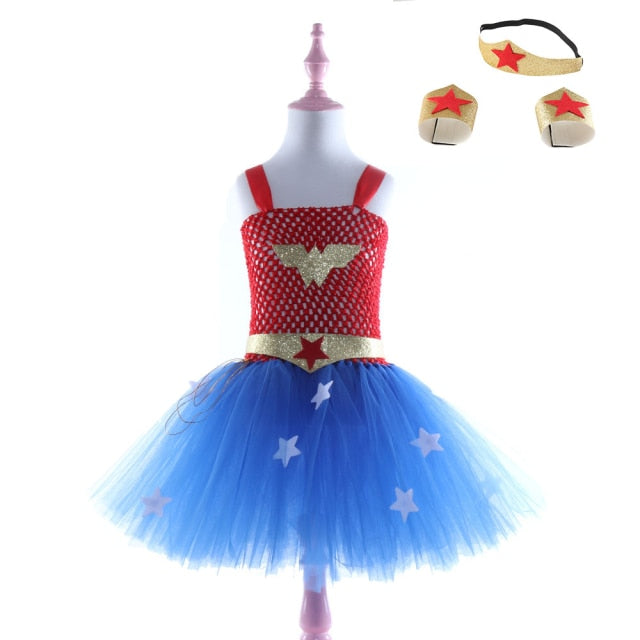 Baby Birthday Party Dresses Kids Halloween New Year Cosplay Costume Set With Headband New Wonder Girl Super girl Tutu Dress