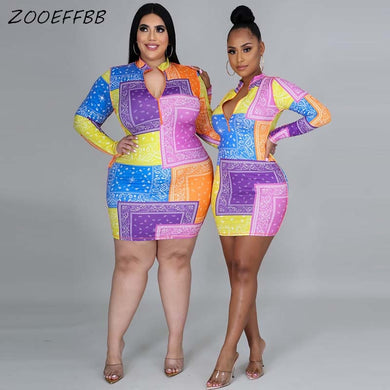 ZOOEFFBB Aesthetic Trendy Bandana Bodycon Mini Dress for Women Plus Size Clothing Sexy Club Birthday Outfits Long Sleeve Dresses