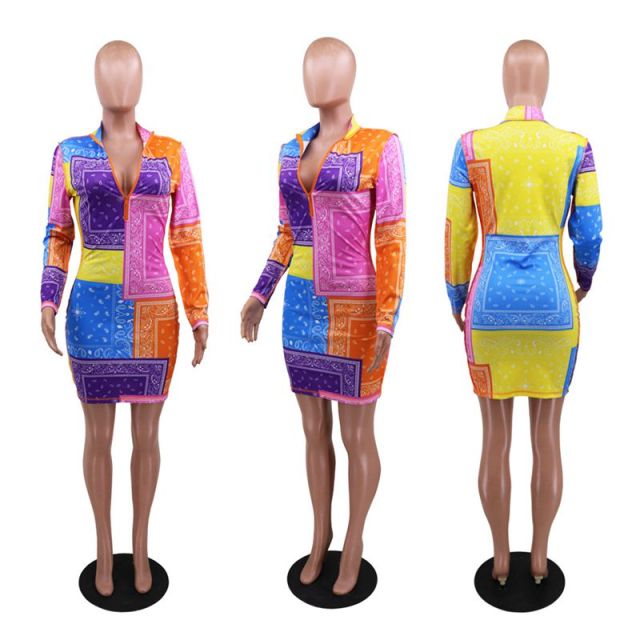 ZOOEFFBB Aesthetic Trendy Bandana Bodycon Mini Dress for Women Plus Size Clothing Sexy Club Birthday Outfits Long Sleeve Dresses