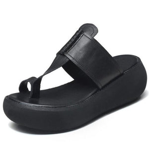 2021 New Open Toe Top Cowhide Flip flops Women Leather Slippers Platform Increased Shoes Summer Wedges Lightweight Outer Sandals