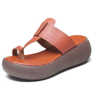2021 New Open Toe Top Cowhide Flip flops Women Leather Slippers Platform Increased Shoes Summer Wedges Lightweight Outer Sandals