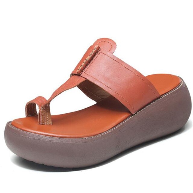 2021 New Open Toe Top Cowhide Flip flops Women Leather Slippers Platform Increased Shoes Summer Wedges Lightweight Outer Sandals