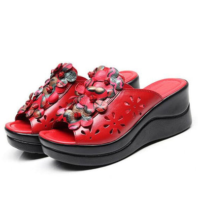 High End Flower Cowhide Leather Sandals Women Slippers New 2021 Summer Platform Wedges Slippers Woman Shoes Fashion Sandals
