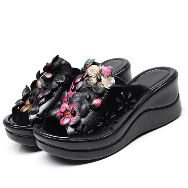 High End Flower Cowhide Leather Sandals Women Slippers New 2021 Summer Platform Wedges Slippers Woman Shoes Fashion Sandals