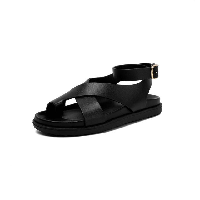 2021 New Genuine Leather Sandals Women Shoes Fashion Flat Sandals Cow Leather Summer Buckle Ladies Shoes