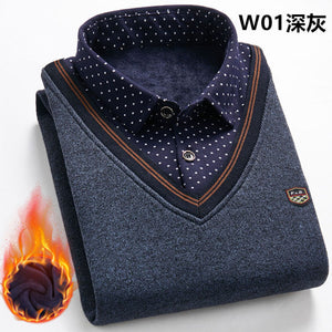 2021 New Autumn Winter Man Fleece Shirt-collar Sweater Fashion Grid Solid Thicken Warm Sweater Male Plus Velvet thicken Sweater