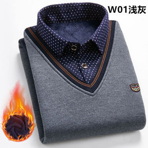 2021 New Autumn Winter Man Fleece Shirt-collar Sweater Fashion Grid Solid Thicken Warm Sweater Male Plus Velvet thicken Sweater