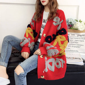 Knitted Women's Cardigan Loose Street Knitted Sweater Coat Cute Cartoon Printed V-neck High Quality Cardigan Nine Point Top