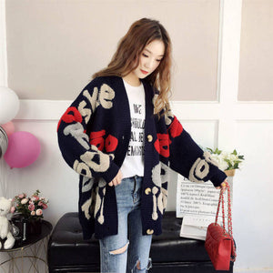 Knitted Women's Cardigan Loose Street Knitted Sweater Coat Cute Cartoon Printed V-neck High Quality Cardigan Nine Point Top