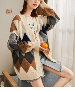 Knitted Women's Cardigan Loose Street Knitted Sweater Coat Cute Cartoon Printed V-neck High Quality Cardigan Nine Point Top