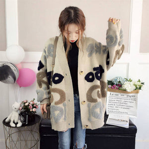 Knitted Women's Cardigan Loose Street Knitted Sweater Coat Cute Cartoon Printed V-neck High Quality Cardigan Nine Point Top