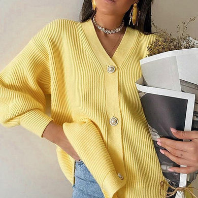 Pure color sweater women spring and autumn mid-length V-neck simple temperament knitted cardigan casual single-breasted jacket