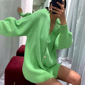 Pure color sweater women spring and autumn mid-length V-neck simple temperament knitted cardigan casual single-breasted jacket