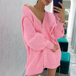 Pure color sweater women spring and autumn mid-length V-neck simple temperament knitted cardigan casual single-breasted jacket