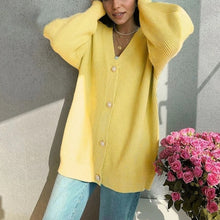 Load image into Gallery viewer, Pure color sweater women spring and autumn mid-length V-neck simple temperament knitted cardigan casual single-breasted jacket