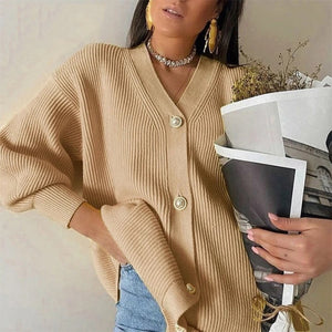Pure color sweater women spring and autumn mid-length V-neck simple temperament knitted cardigan casual single-breasted jacket