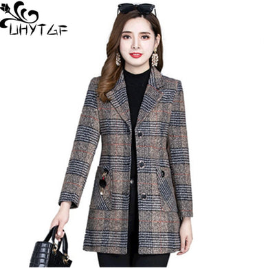 UHYTGF 5XL Plus Size Jacket Women's Fashion Plaid Autumn Winter Woolen Coat Women Casual Female Coats Abrigos Mujer Invierno 334