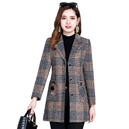 UHYTGF 5XL Plus Size Jacket Women's Fashion Plaid Autumn Winter Woolen Coat Women Casual Female Coats Abrigos Mujer Invierno 334