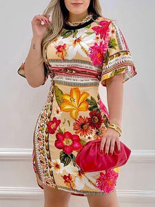 Women Floral Print O neck Half  Sleeve Mini Dress Summer Fashion Bodycon Short Casual Dress