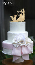 Load image into Gallery viewer, mixed style rustic wooden wedding cake topper bride and groom cake toppers mr mrs toppers with pet dog or cat 3pcs/lot