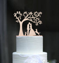 Load image into Gallery viewer, mixed style rustic wooden wedding cake topper bride and groom cake toppers mr mrs toppers with pet dog or cat 3pcs/lot