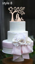 Load image into Gallery viewer, mixed style rustic wooden wedding cake topper bride and groom cake toppers mr mrs toppers with pet dog or cat 3pcs/lot
